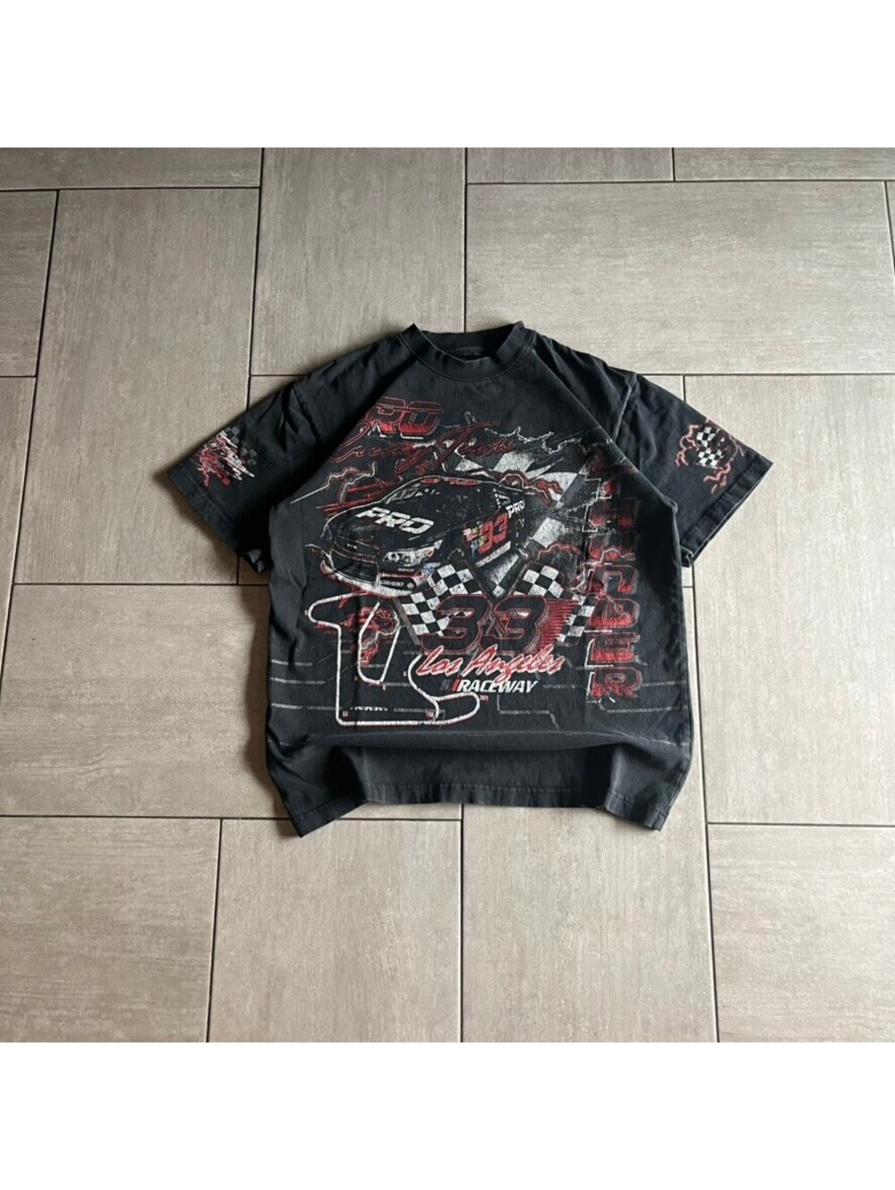 Y2k Pacsun Black and Red Racing Graphic Tee Size M